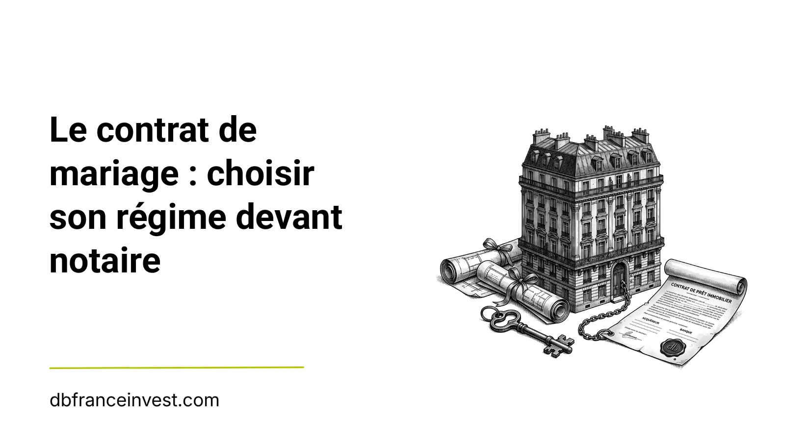 Illustration noir et blanc d'un immeuble haussmannien, de parchemins et d'une cle, evoquant la transmission d'un patrimoine