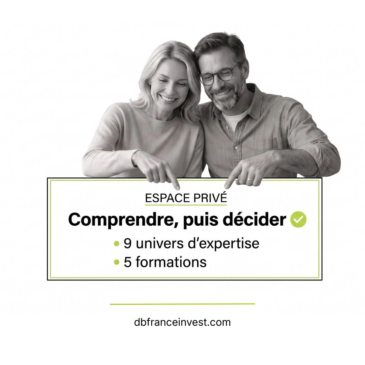 Couple accompagné dans ses décisions patrimoniales, illustration de l'espace privé DB France Invest