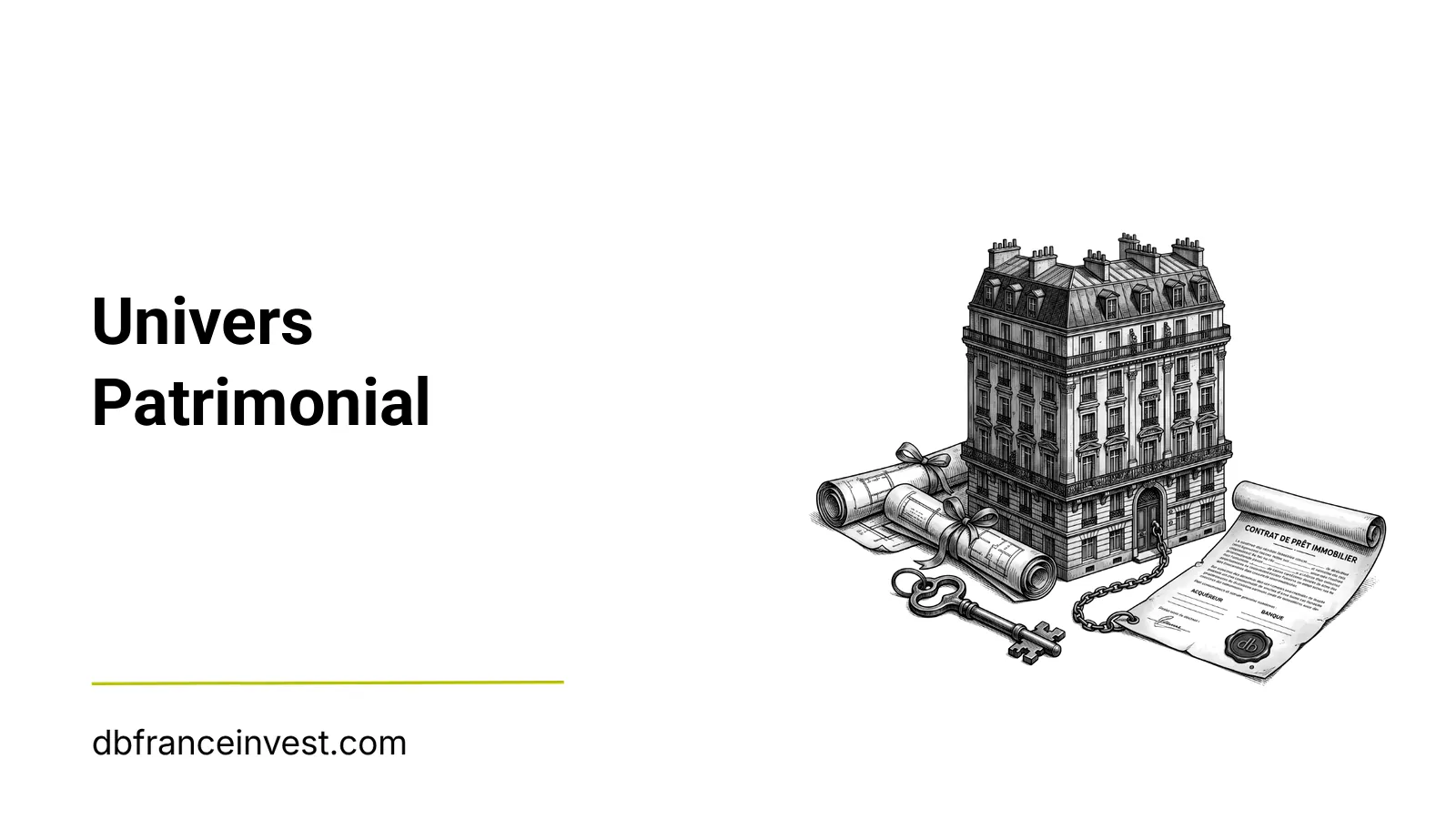 Hôtel particulier accompagné de clés anciennes et d'un parchemin, en noir et blanc, évoquant la constitution d'un patrimoine
